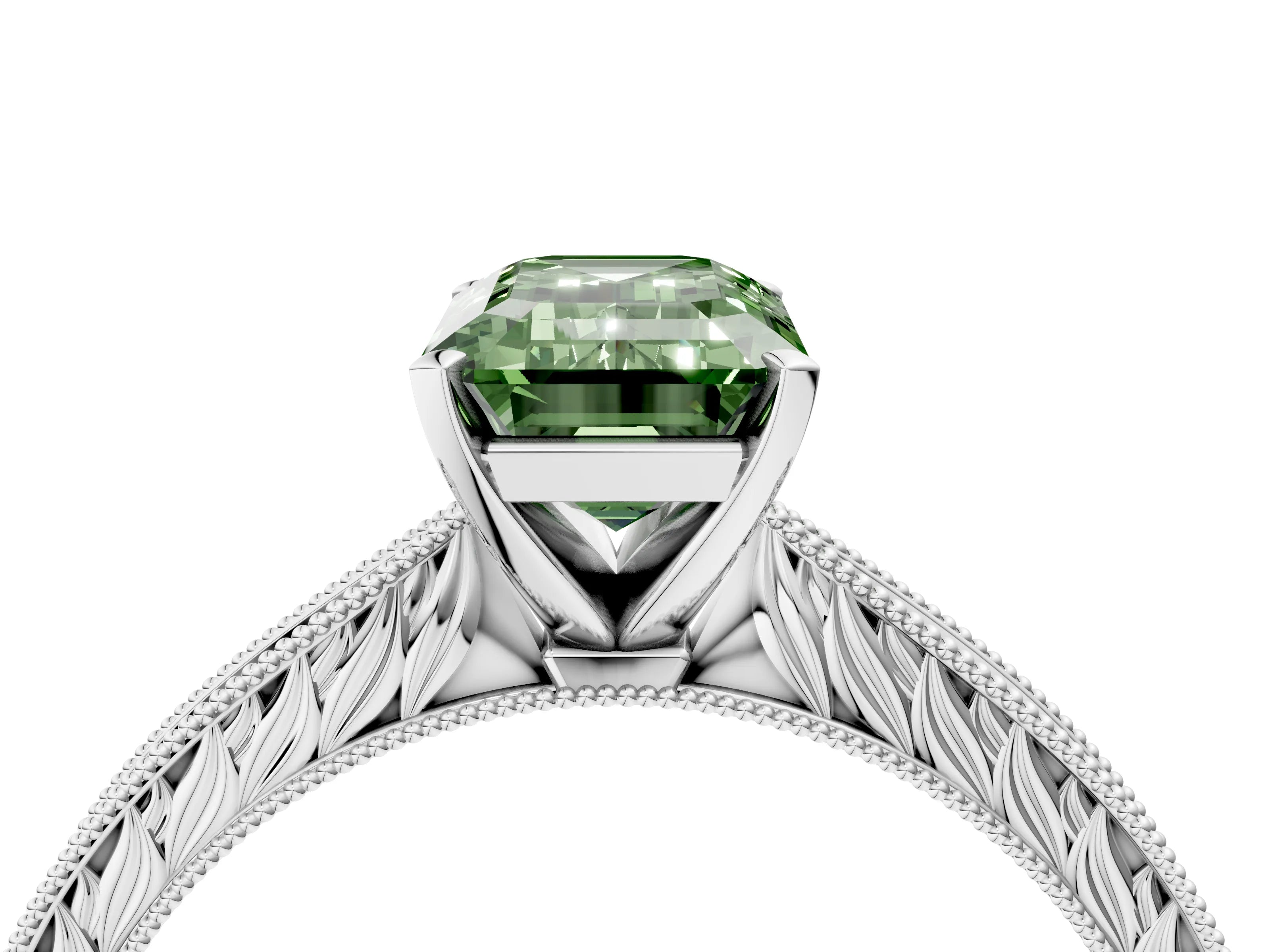 White gold Fancy Green Emerald Cut Solitaire Milgrain Engraved Band with Four-Prong Setting_4