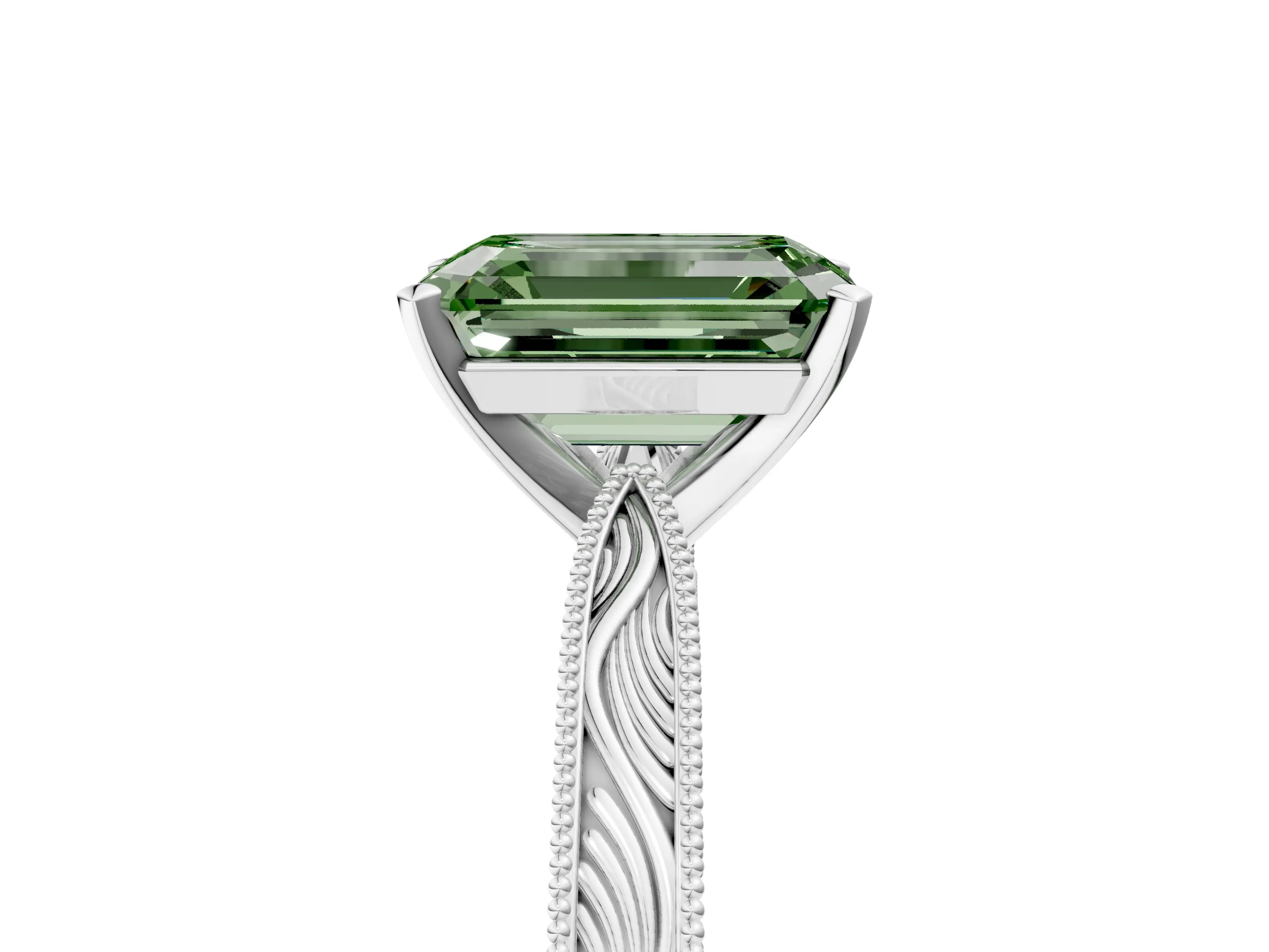 White gold Fancy Green Emerald Cut Solitaire Milgrain Engraved Band with Four-Prong Setting_5