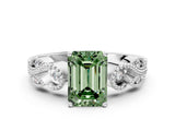 White gold Fancy Green Emerald Cut Solitaire Milgrain Leaf Band with Prong Setting
