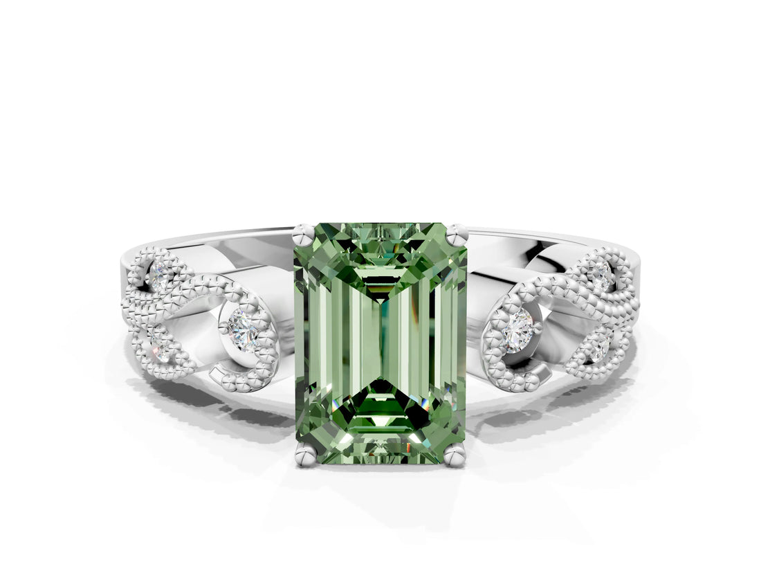 White gold Fancy Green Emerald Cut Solitaire Milgrain Leaf Band with Prong Setting_12