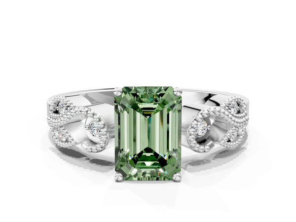 Platinum Fancy Green Emerald Cut Solitaire Milgrain Leaf Band with Prong Setting