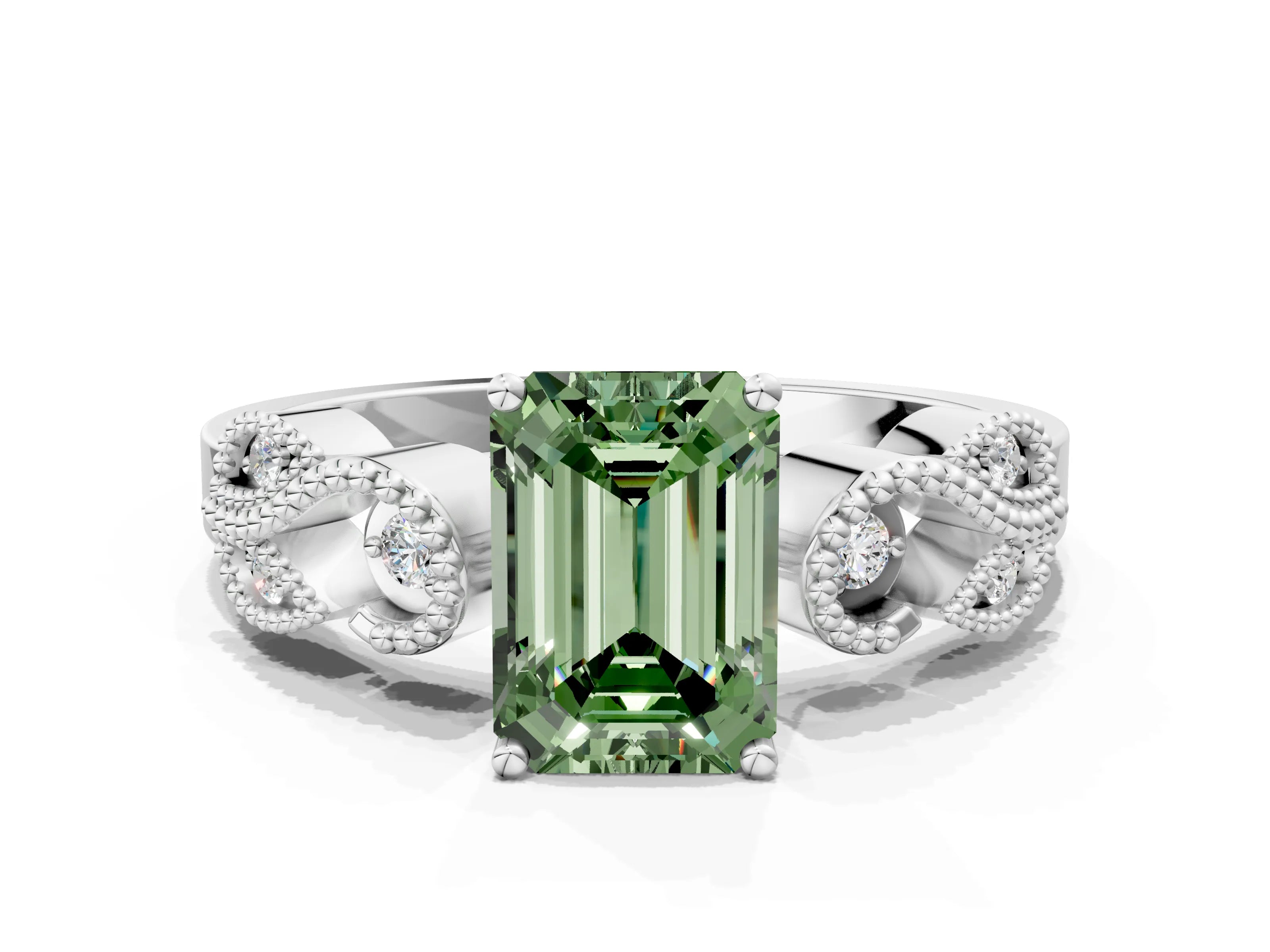 White gold Fancy Green Emerald Cut Solitaire Milgrain Leaf Band with Prong Setting_12