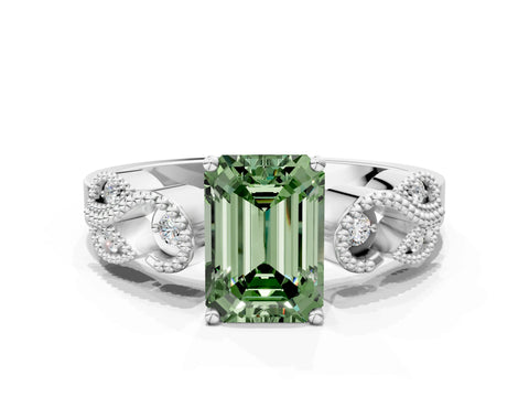 White gold Fancy Green Emerald Cut Solitaire Milgrain Leaf Band with Prong Setting_12