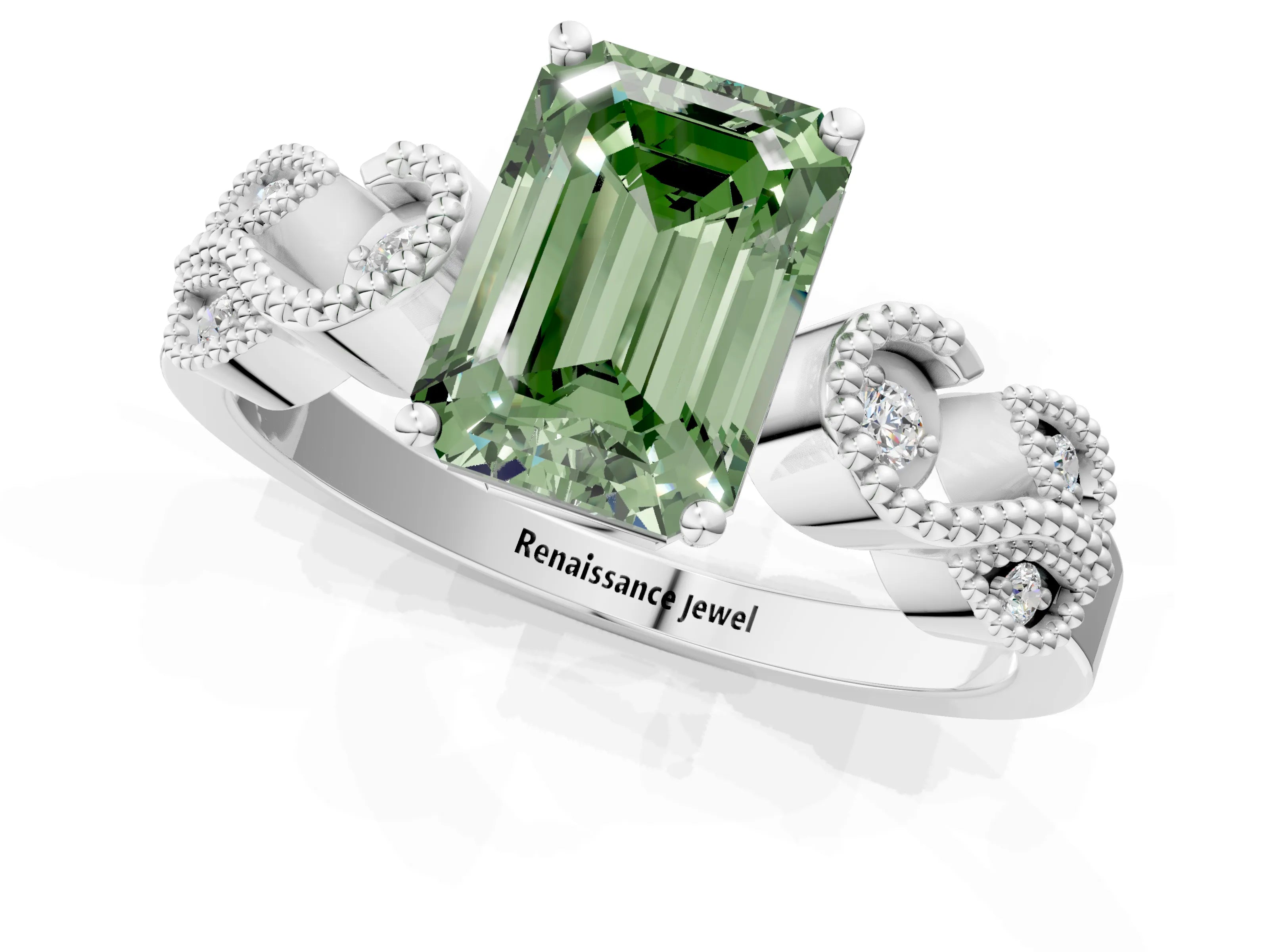 White gold Fancy Green Emerald Cut Solitaire Milgrain Leaf Band with Prong Setting_13