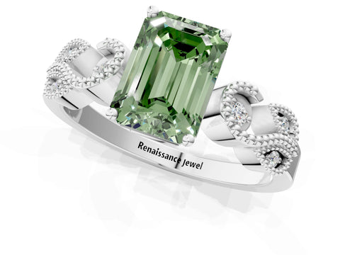 White gold Fancy Green Emerald Cut Solitaire Milgrain Leaf Band with Prong Setting_13