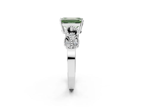White gold Fancy Green Emerald Cut Solitaire Milgrain Leaf Band with Prong Setting_14