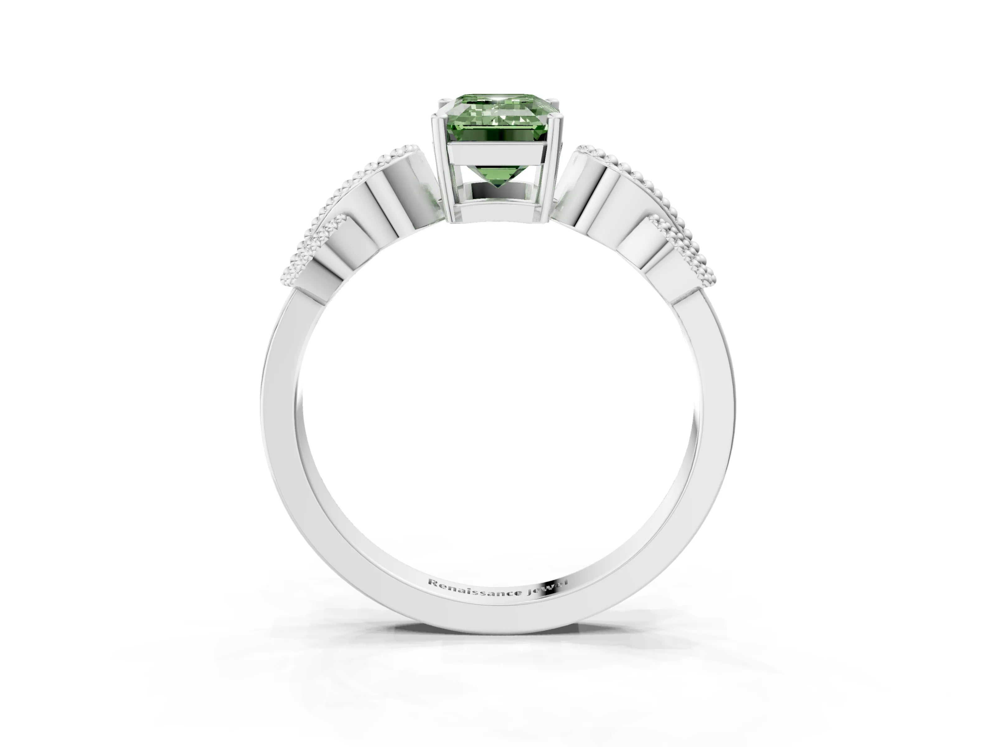 White gold Fancy Green Emerald Cut Solitaire Milgrain Leaf Band with Prong Setting_15