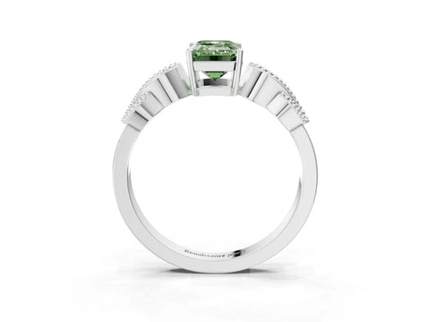 White gold Fancy Green Emerald Cut Solitaire Milgrain Leaf Band with Prong Setting_15