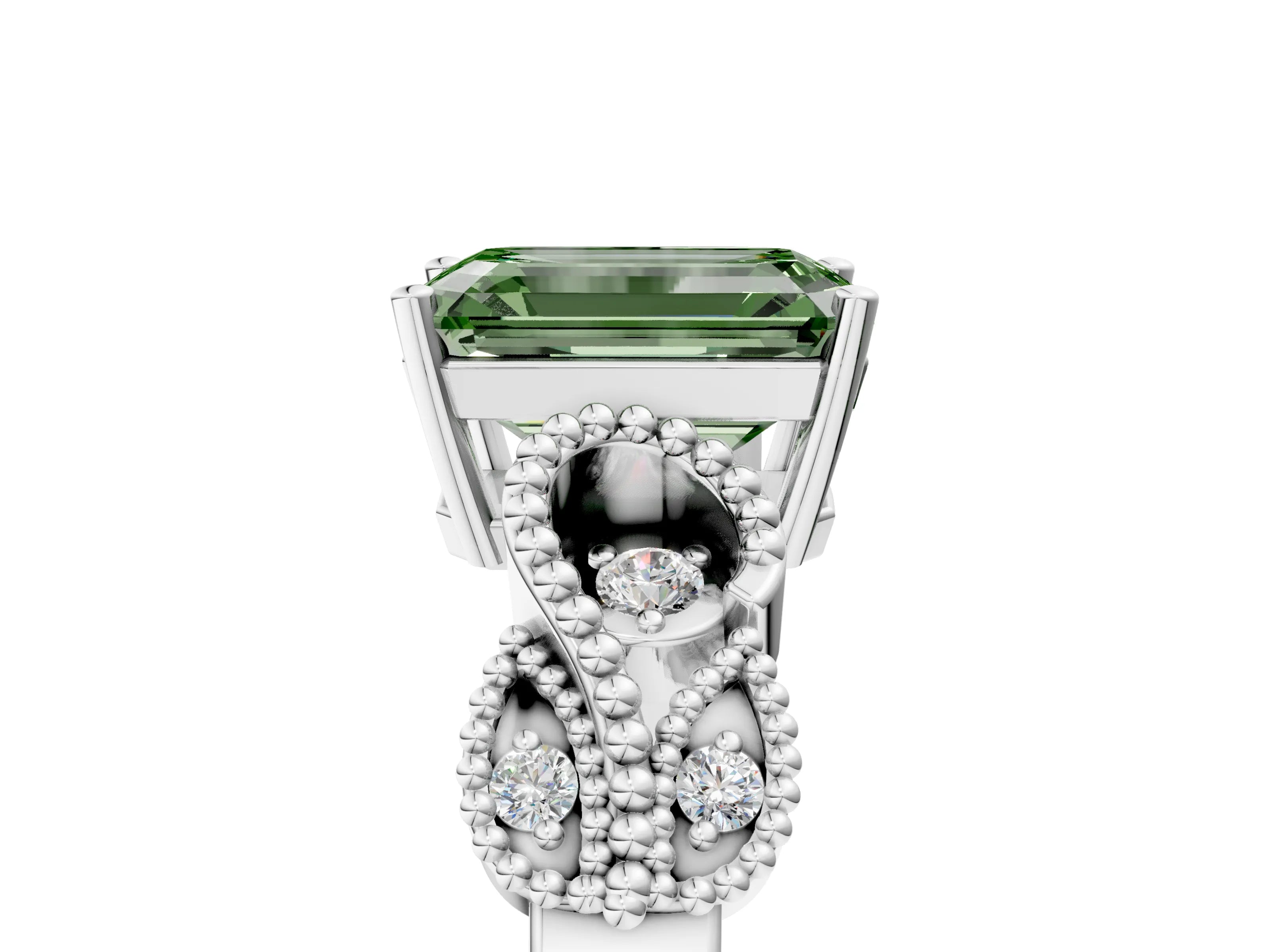 White gold Fancy Green Emerald Cut Solitaire Milgrain Leaf Band with Prong Setting_17