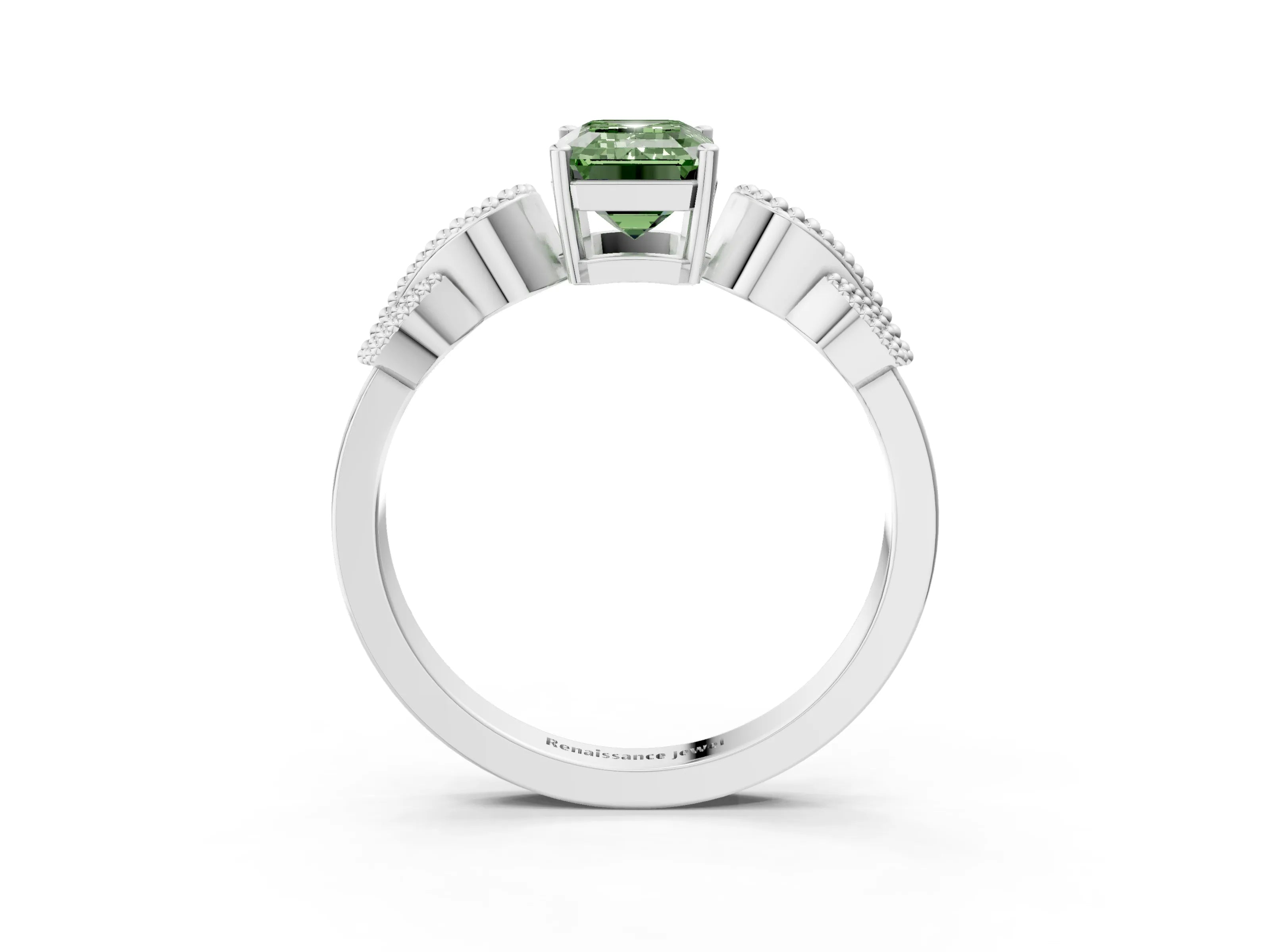 White gold Fancy Green Emerald Cut Solitaire Milgrain Leaf Band with Prong Setting_3