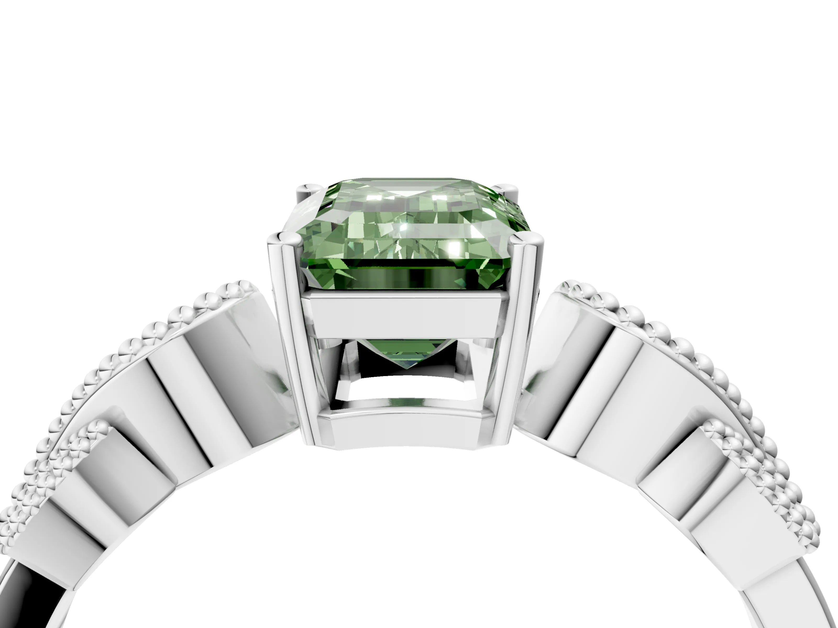White gold Fancy Green Emerald Cut Solitaire Milgrain Leaf Band with Prong Setting_4