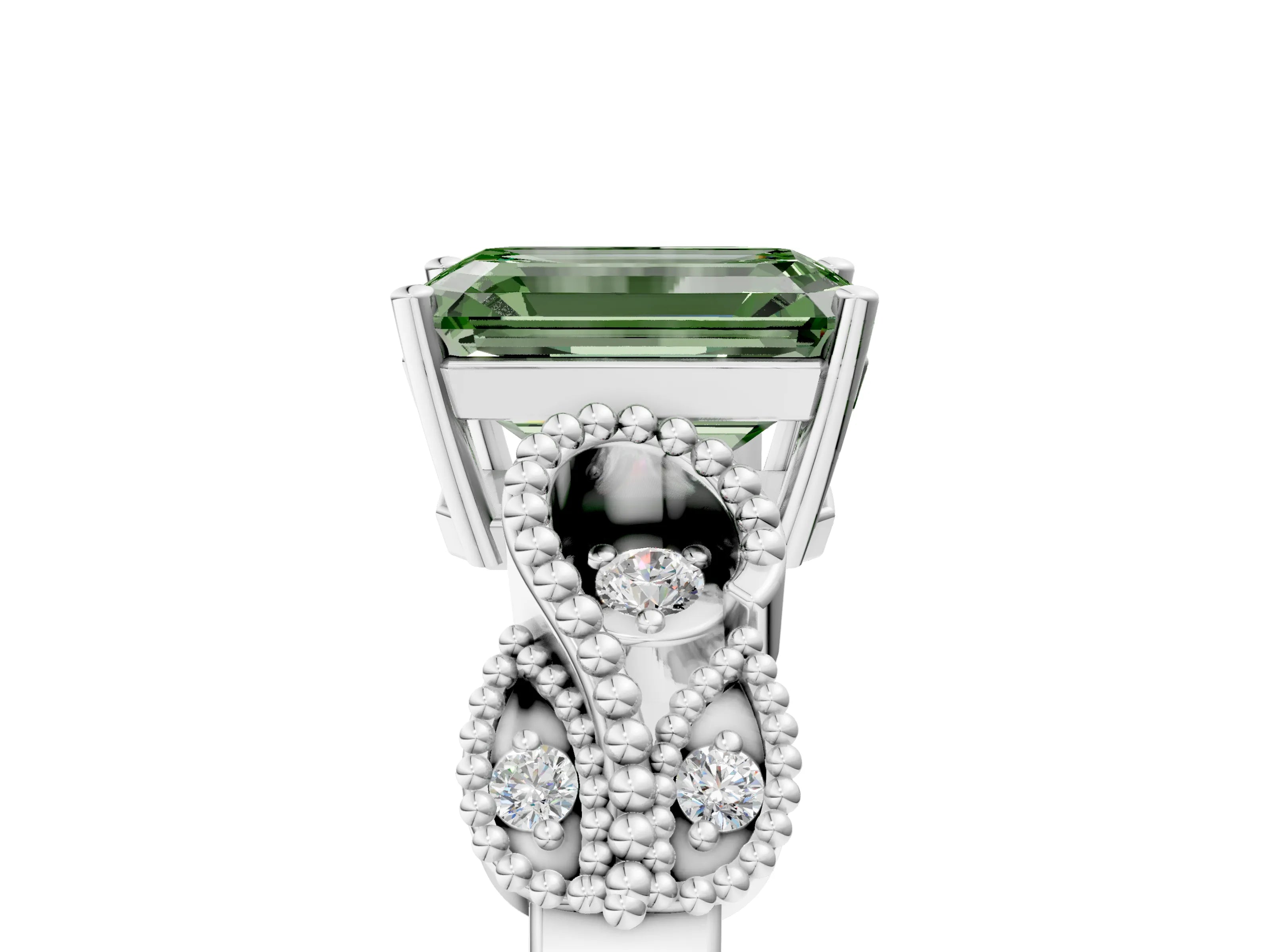 White gold Fancy Green Emerald Cut Solitaire Milgrain Leaf Band with Prong Setting_5