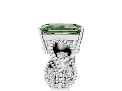 White gold Fancy Green Emerald Cut Solitaire Milgrain Leaf Band with Prong Setting_5