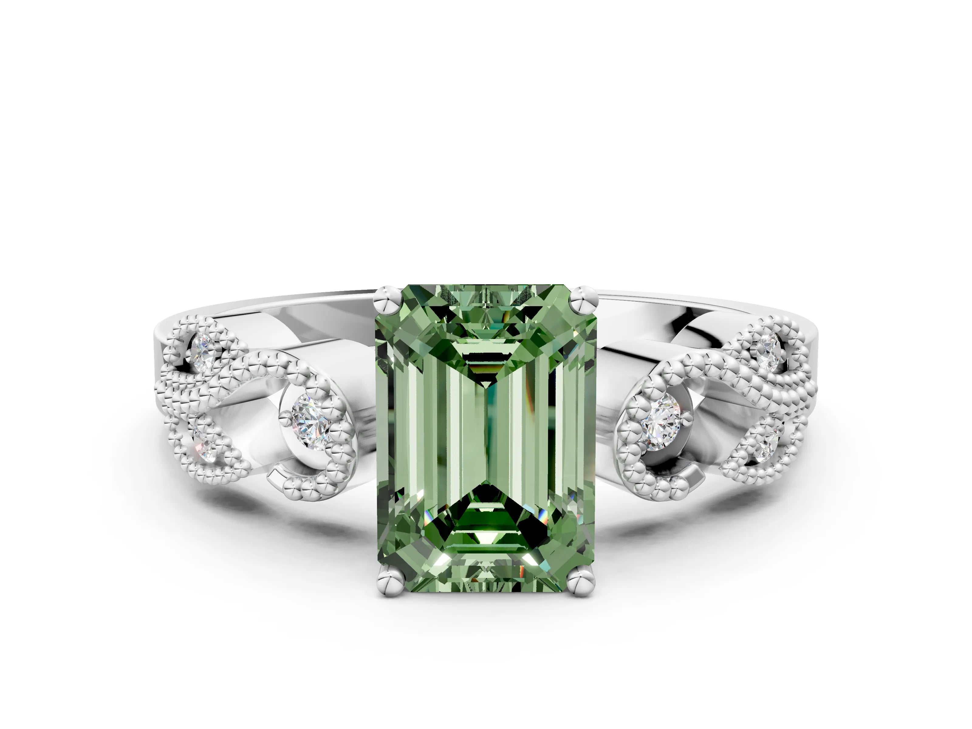White gold Fancy Green Emerald Cut Solitaire Milgrain Leaf Band with Prong Setting