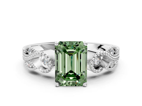 White gold Fancy Green Emerald Cut Solitaire Milgrain Leaf Band with Prong Setting