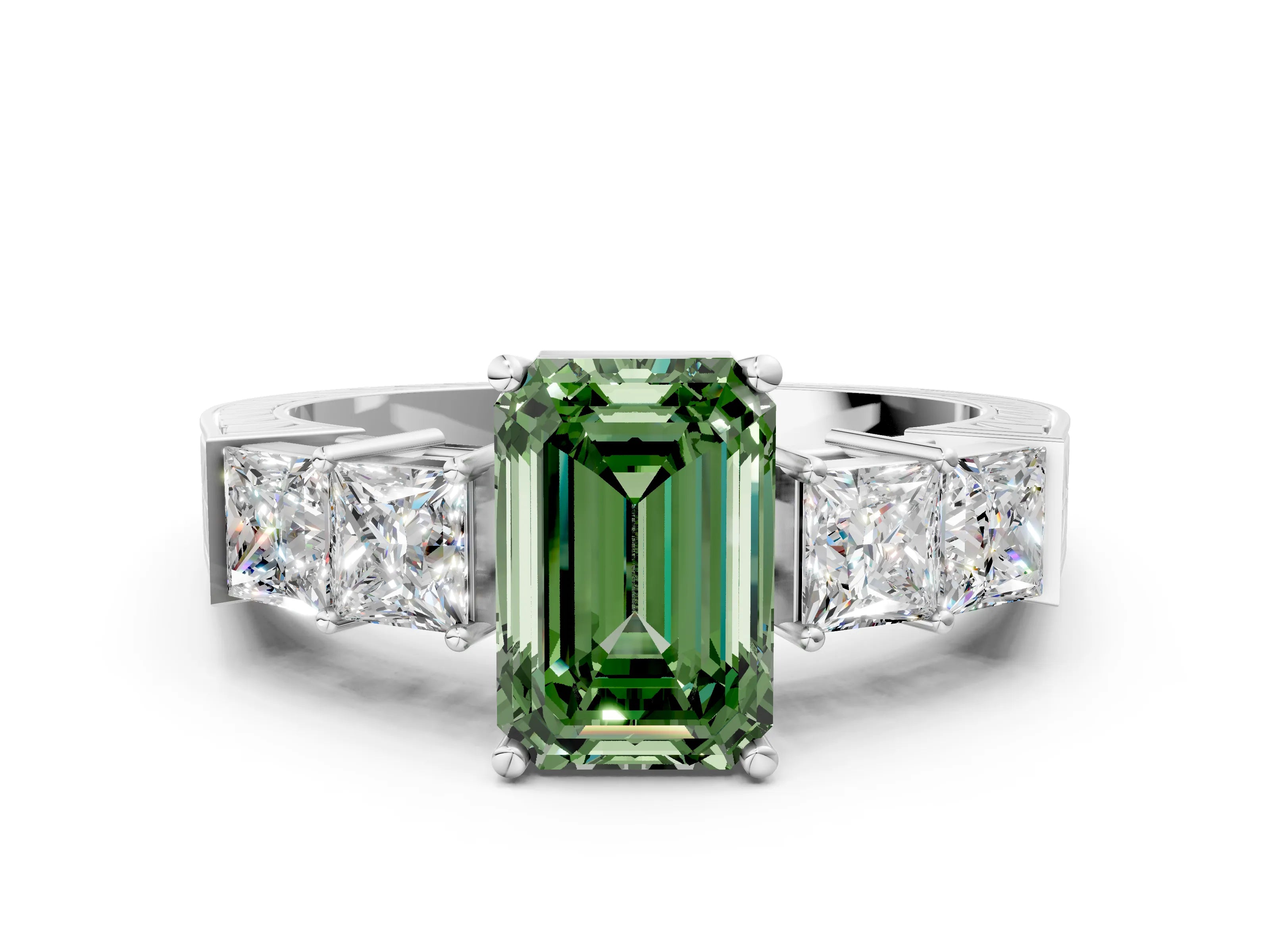 White gold Fancy Green Emerald Cut Solitaire Princess Side Stone Engraved Band Prong Setting Ring_12