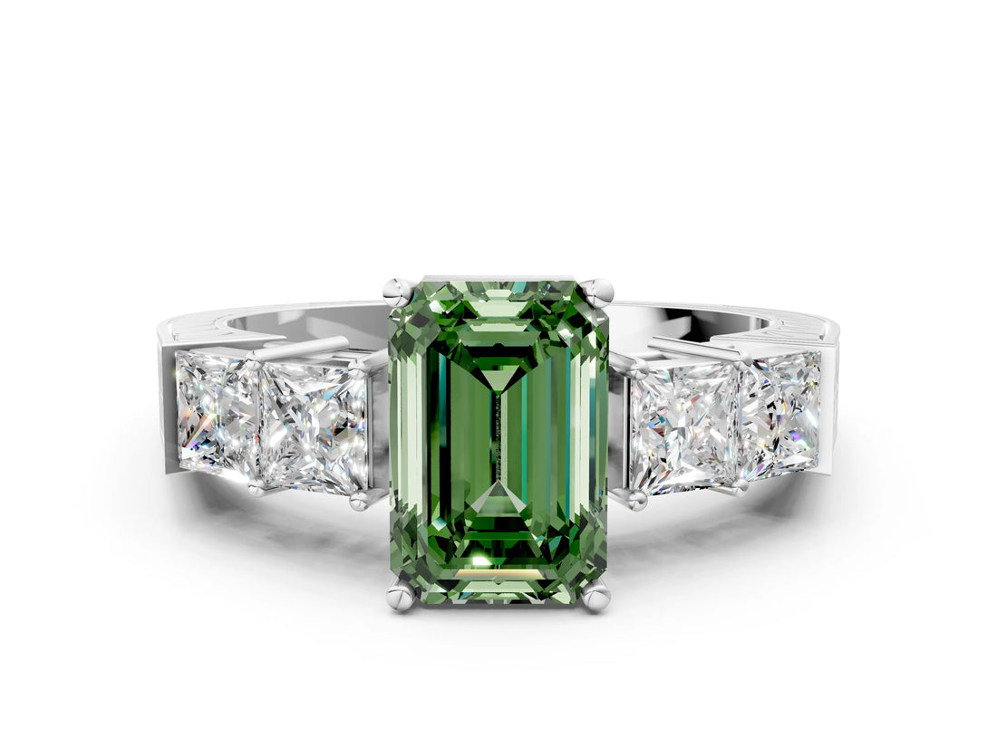 White gold Fancy Green Emerald Cut Solitaire Princess Side Stone Engraved Band Prong Setting Ring_12