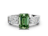 White gold Fancy Green Emerald Cut Solitaire Princess Side Stone Engraved Band Prong Setting Ring_12
