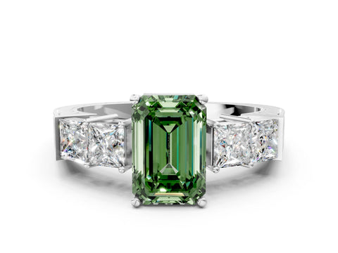 White gold Fancy Green Emerald Cut Solitaire Princess Side Stone Engraved Band Prong Setting Ring_12