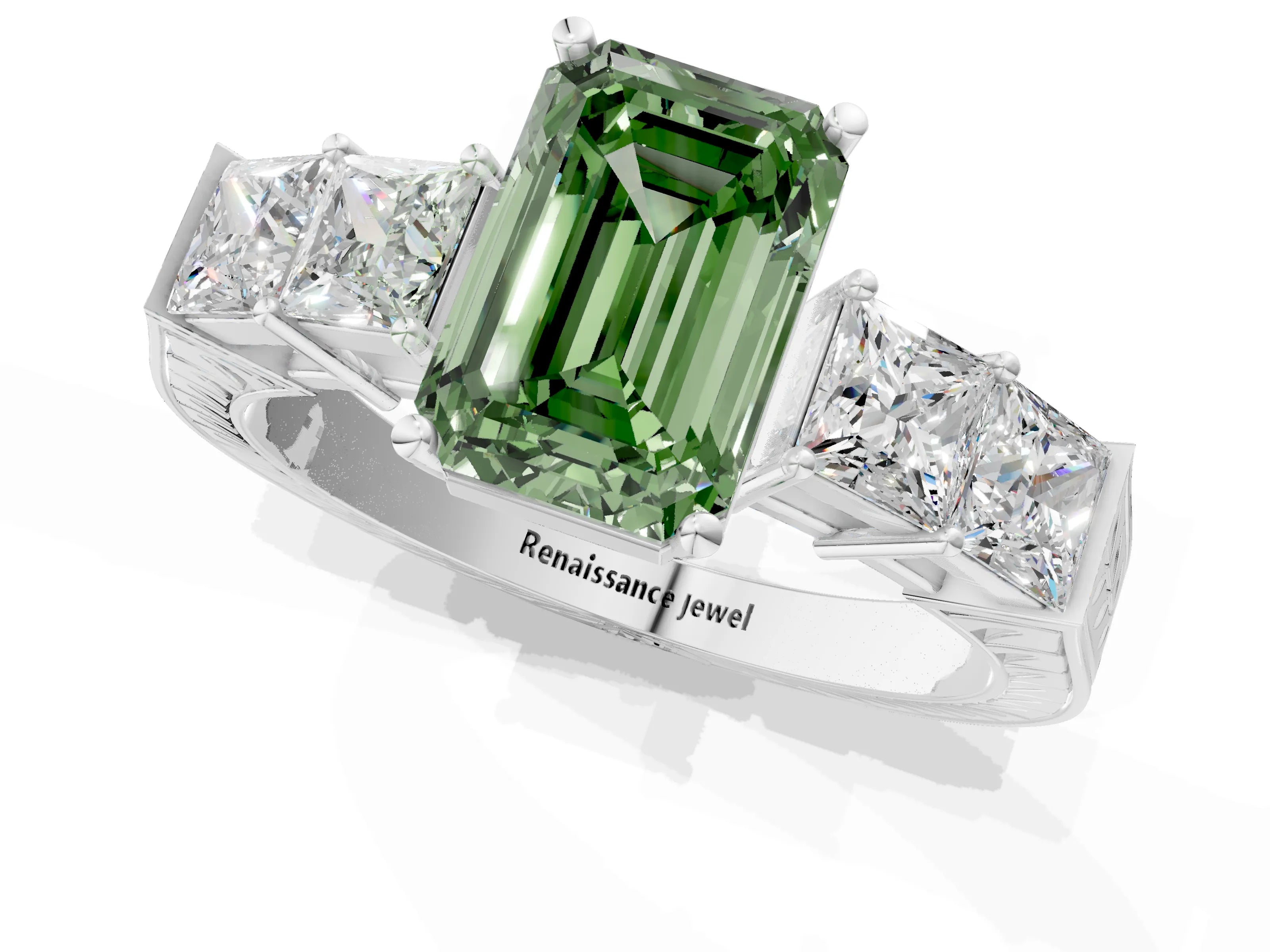 White gold Fancy Green Emerald Cut Solitaire Princess Side Stone Engraved Band Prong Setting Ring_13