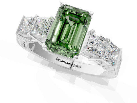 White gold Fancy Green Emerald Cut Solitaire Princess Side Stone Engraved Band Prong Setting Ring_13