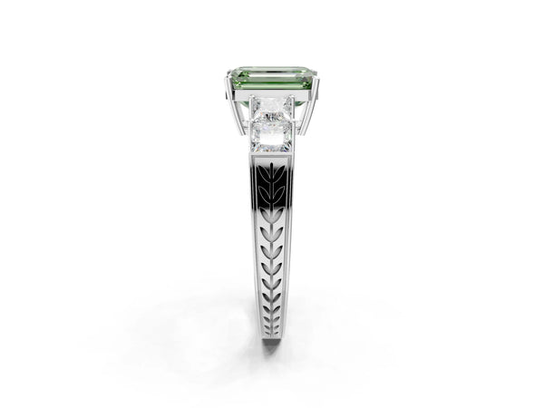 Platinum Fancy Green Emerald Cut Solitaire Princess Side Stone Engraved Band Prong Setting Ring