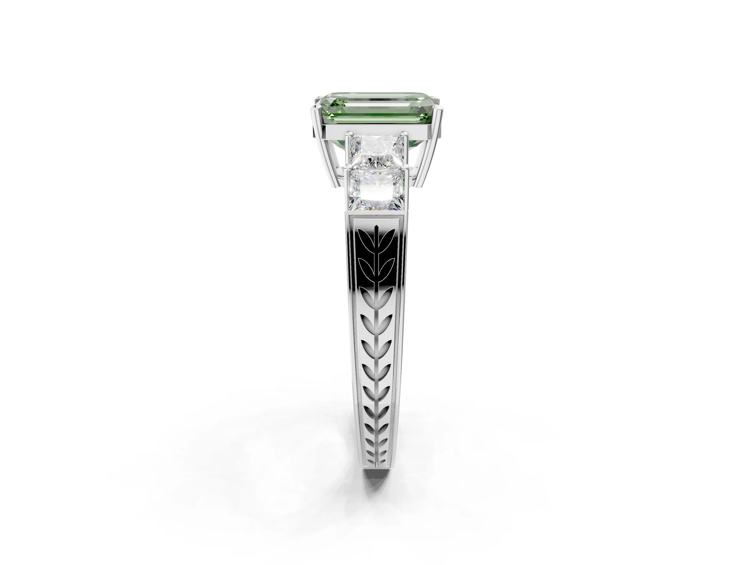 White gold Fancy Green Emerald Cut Solitaire Princess Side Stone Engraved Band Prong Setting Ring_14