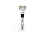 White gold Fancy Green Emerald Cut Solitaire Princess Side Stone Engraved Band Prong Setting Ring_14