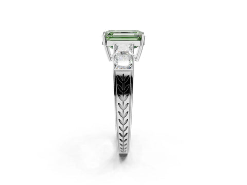 White gold Fancy Green Emerald Cut Solitaire Princess Side Stone Engraved Band Prong Setting Ring_14