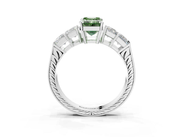 Platinum Fancy Green Emerald Cut Solitaire Princess Side Stone Engraved Band Prong Setting Ring