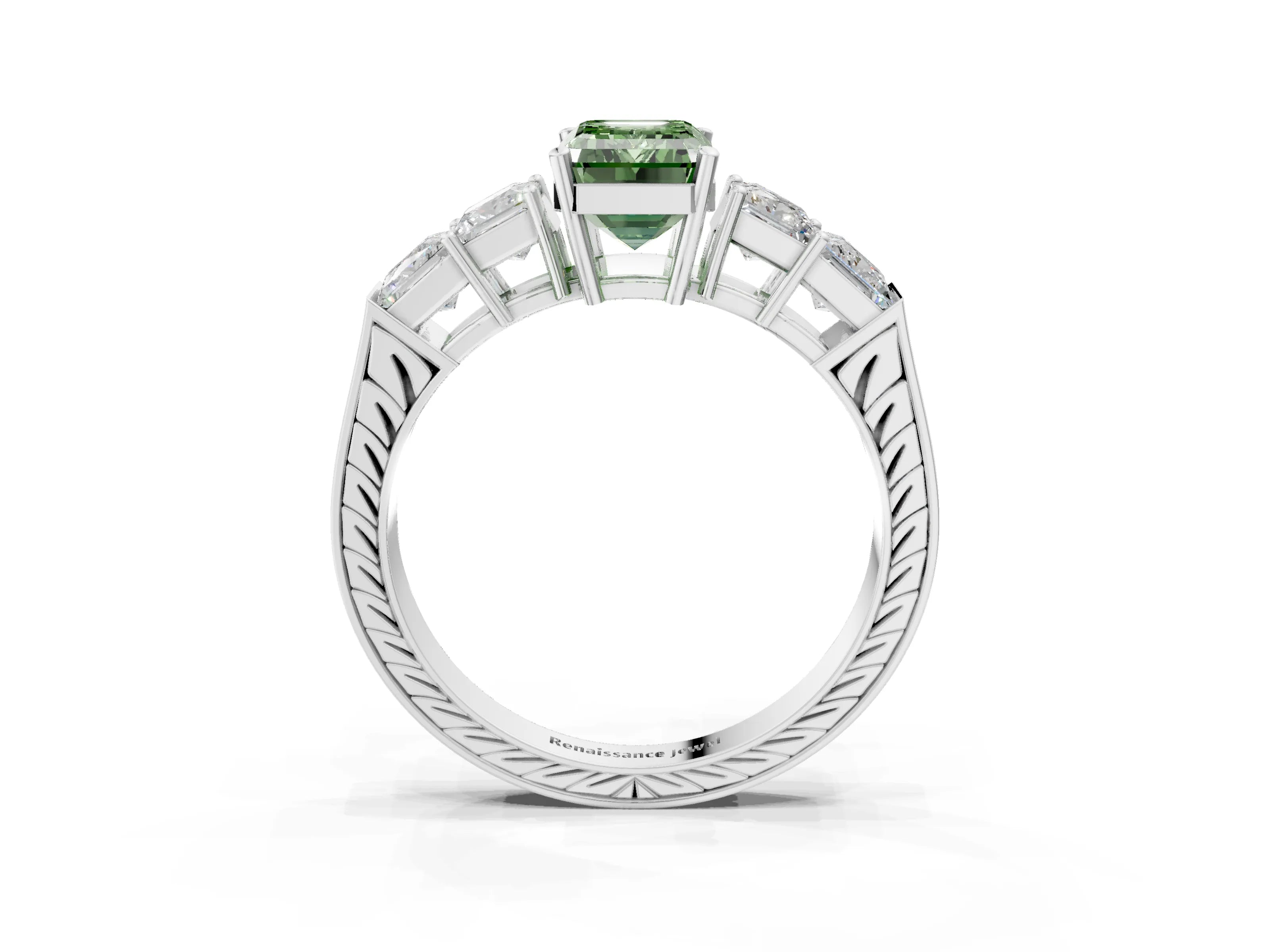 White gold Fancy Green Emerald Cut Solitaire Princess Side Stone Engraved Band Prong Setting Ring_15