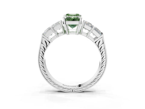 White gold Fancy Green Emerald Cut Solitaire Princess Side Stone Engraved Band Prong Setting Ring_15