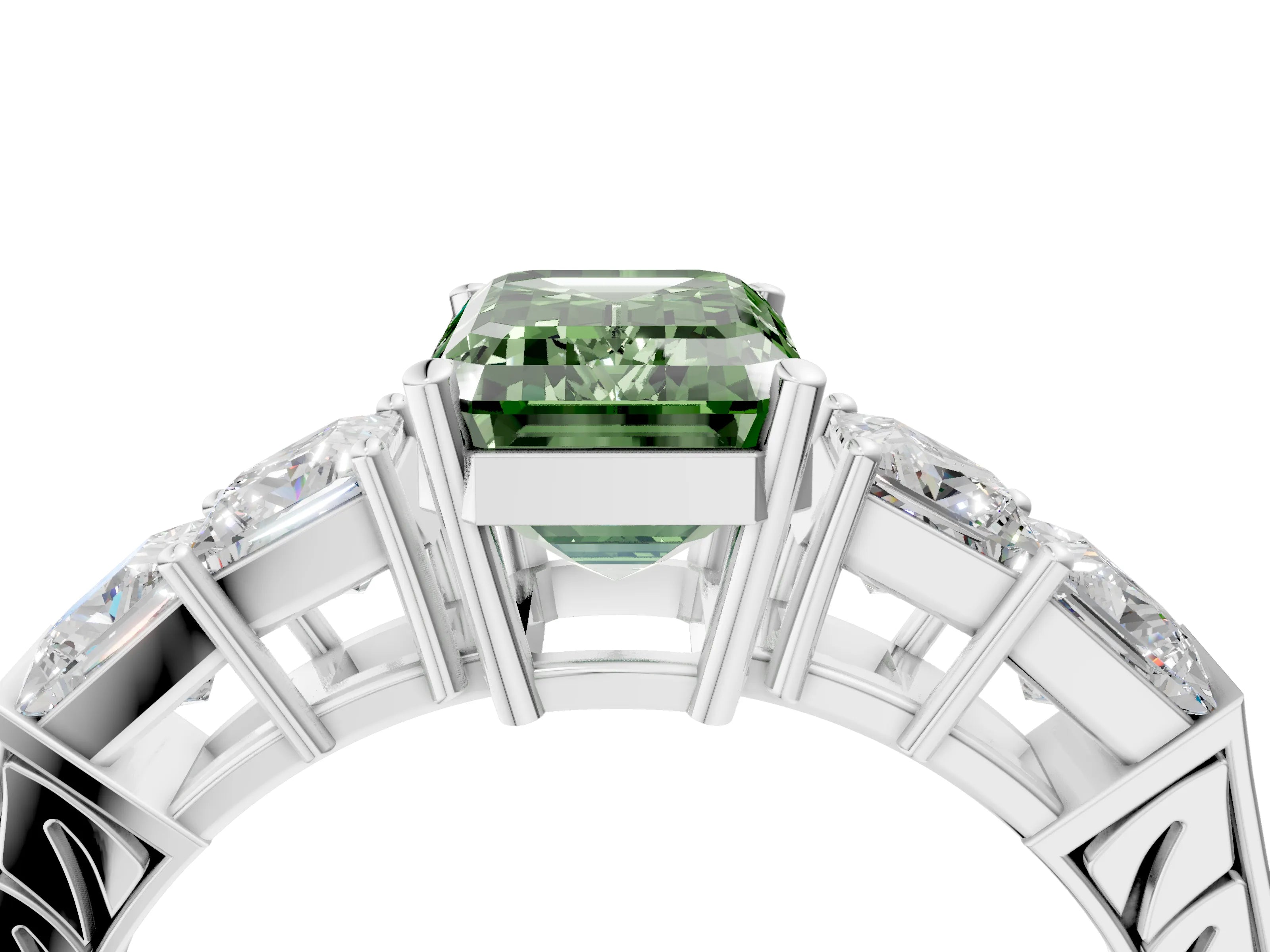 White gold Fancy Green Emerald Cut Solitaire Princess Side Stone Engraved Band Prong Setting Ring_16