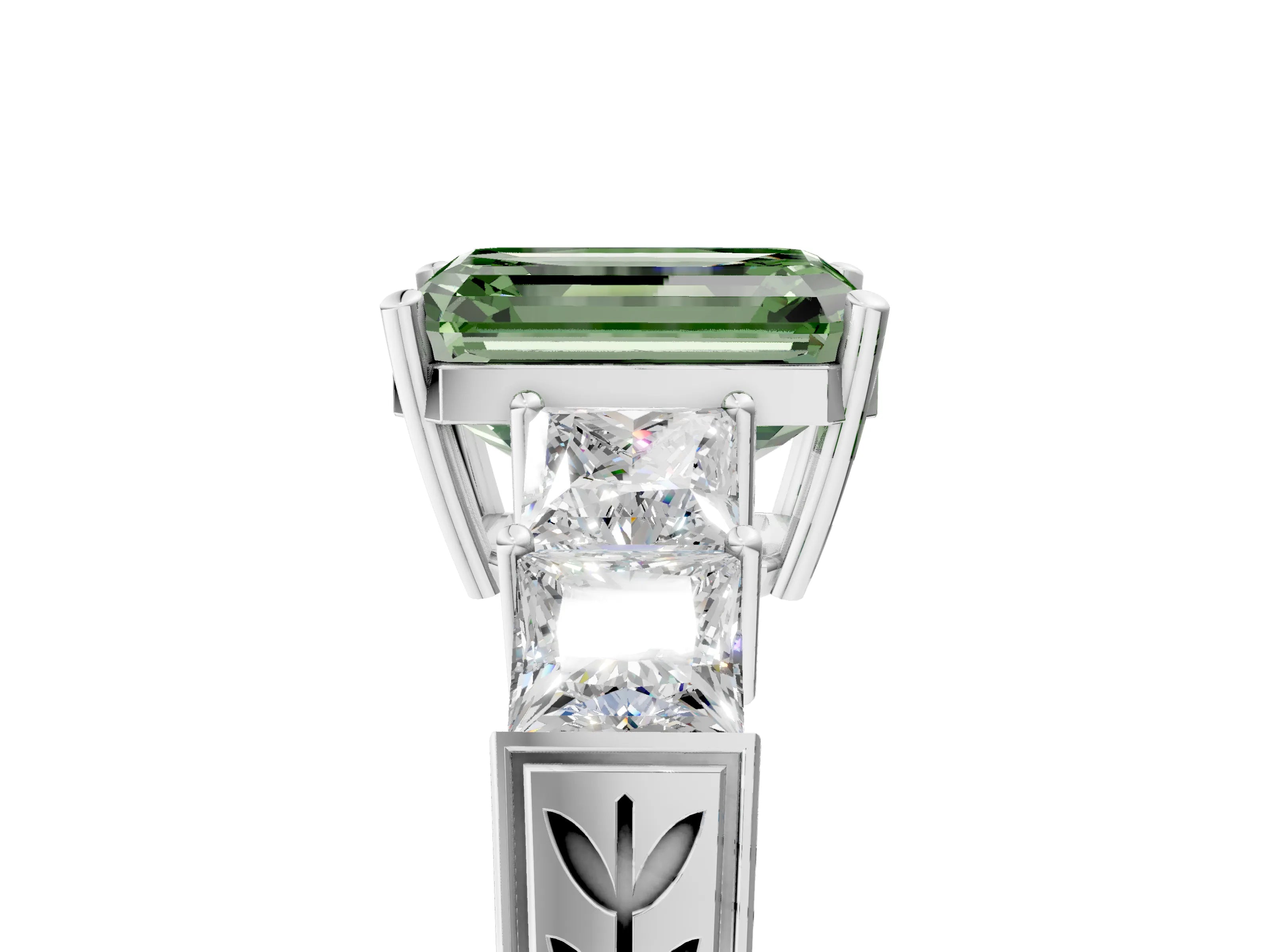 White gold Fancy Green Emerald Cut Solitaire Princess Side Stone Engraved Band Prong Setting Ring_17