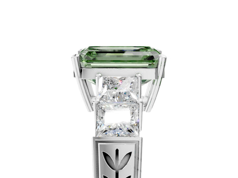 White gold Fancy Green Emerald Cut Solitaire Princess Side Stone Engraved Band Prong Setting Ring_17