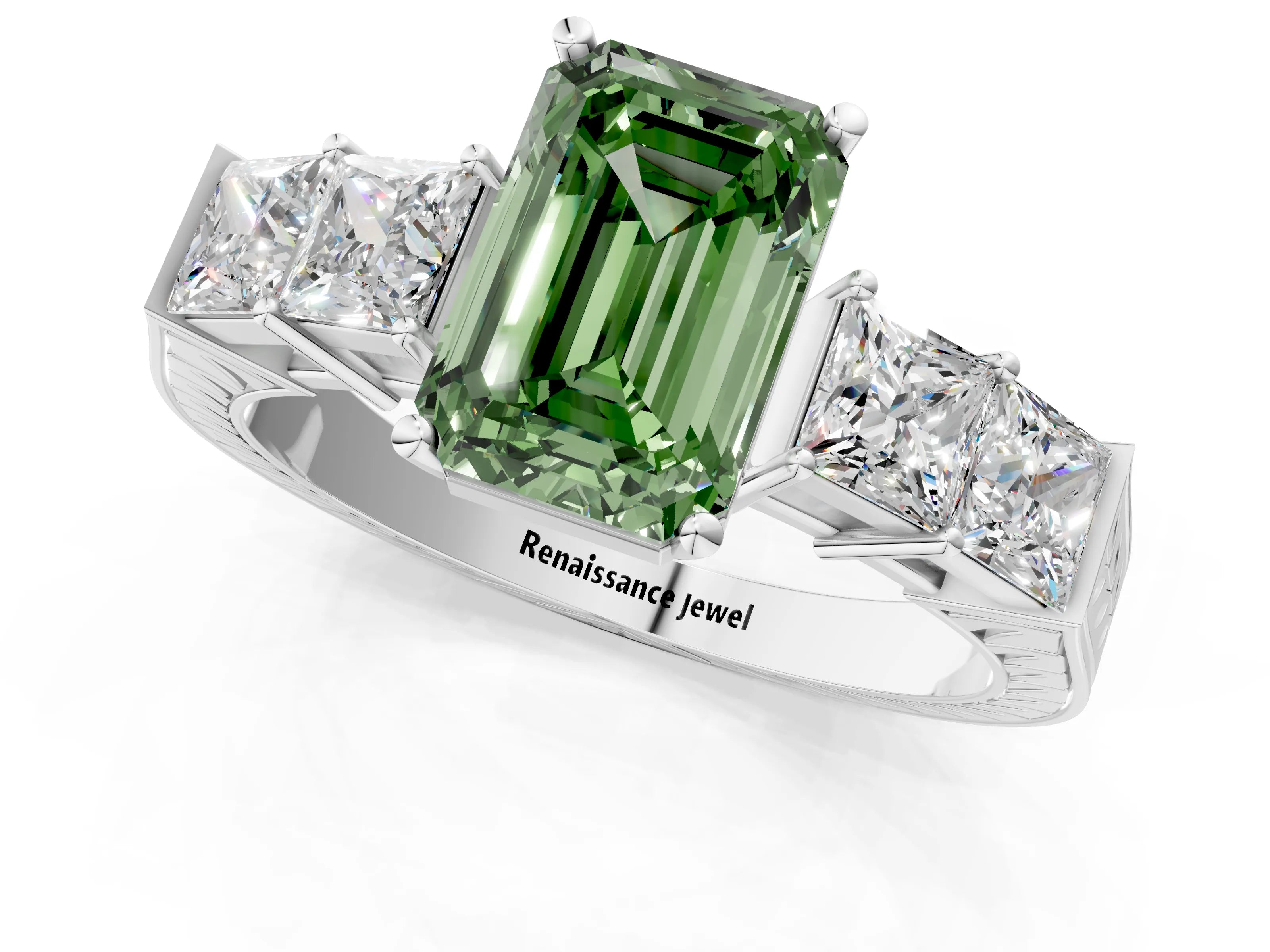 White gold Fancy Green Emerald Cut Solitaire Princess Side Stone Engraved Band Prong Setting Ring_1