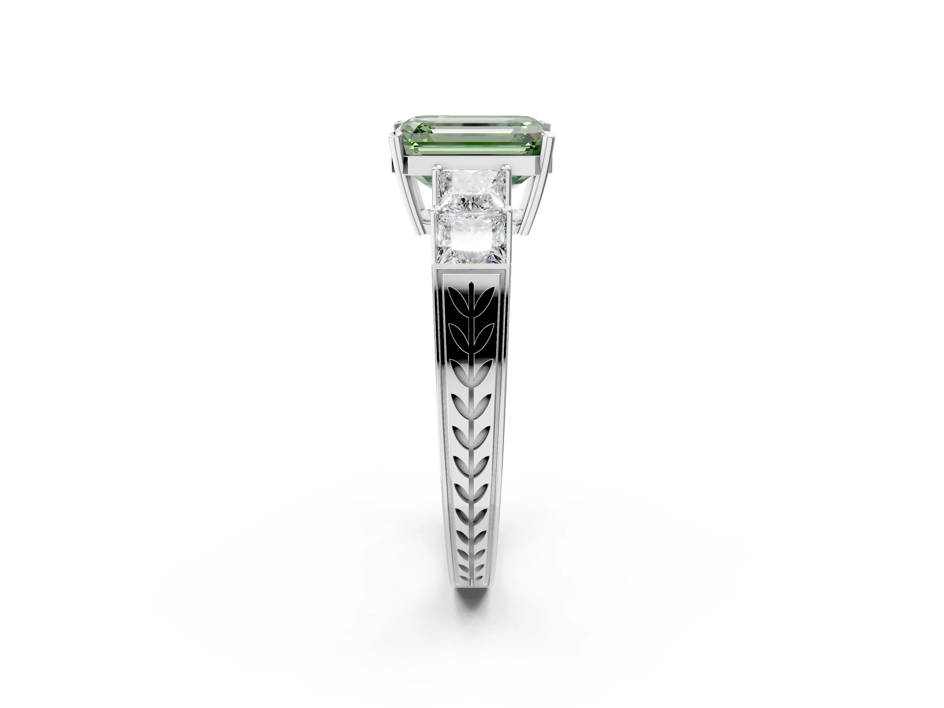 White gold Fancy Green Emerald Cut Solitaire Princess Side Stone Engraved Band Prong Setting Ring_2