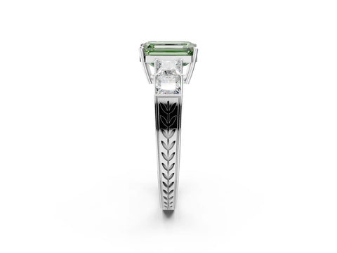 White gold Fancy Green Emerald Cut Solitaire Princess Side Stone Engraved Band Prong Setting Ring_2