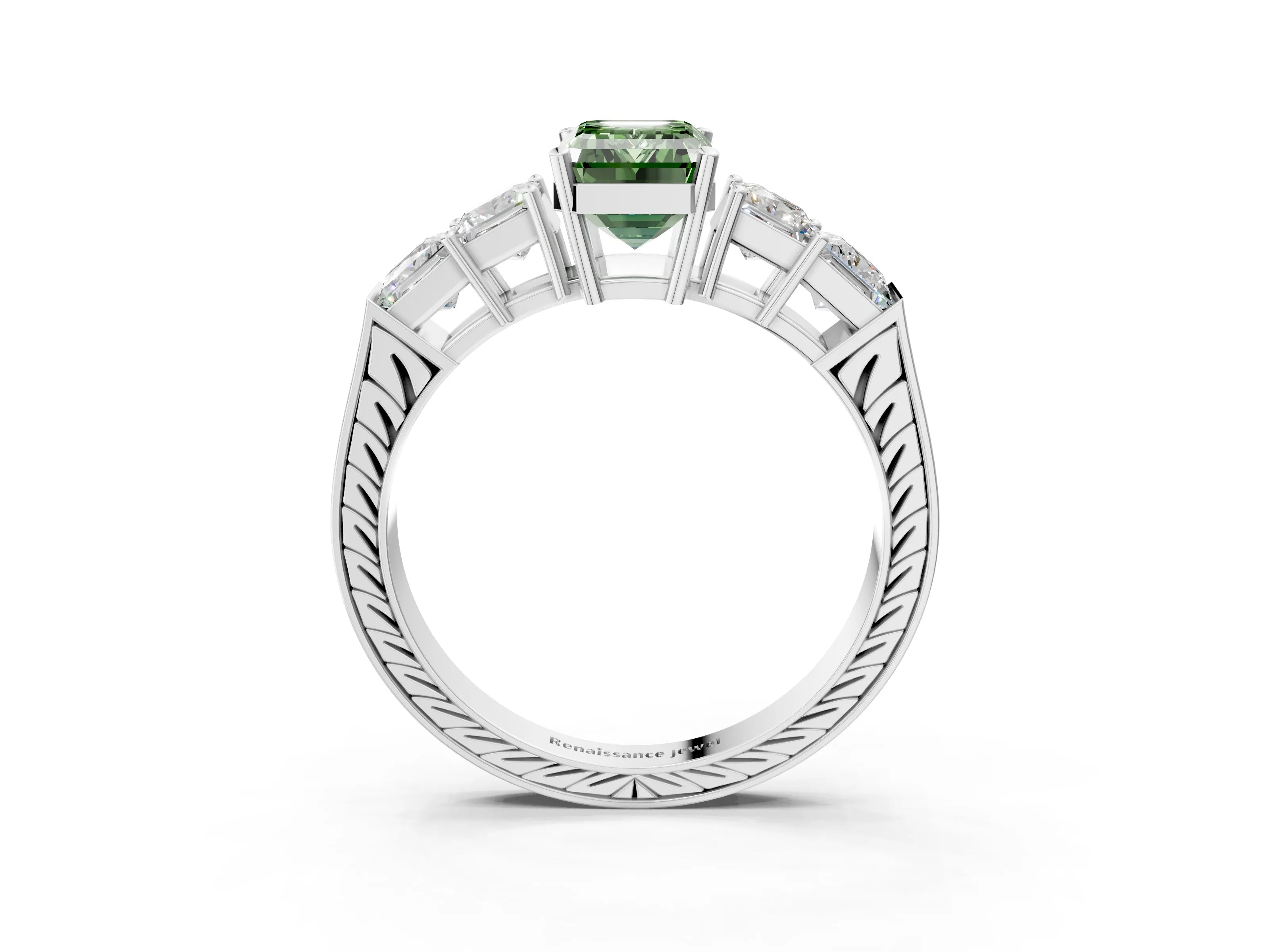 White gold Fancy Green Emerald Cut Solitaire Princess Side Stone Engraved Band Prong Setting Ring_3