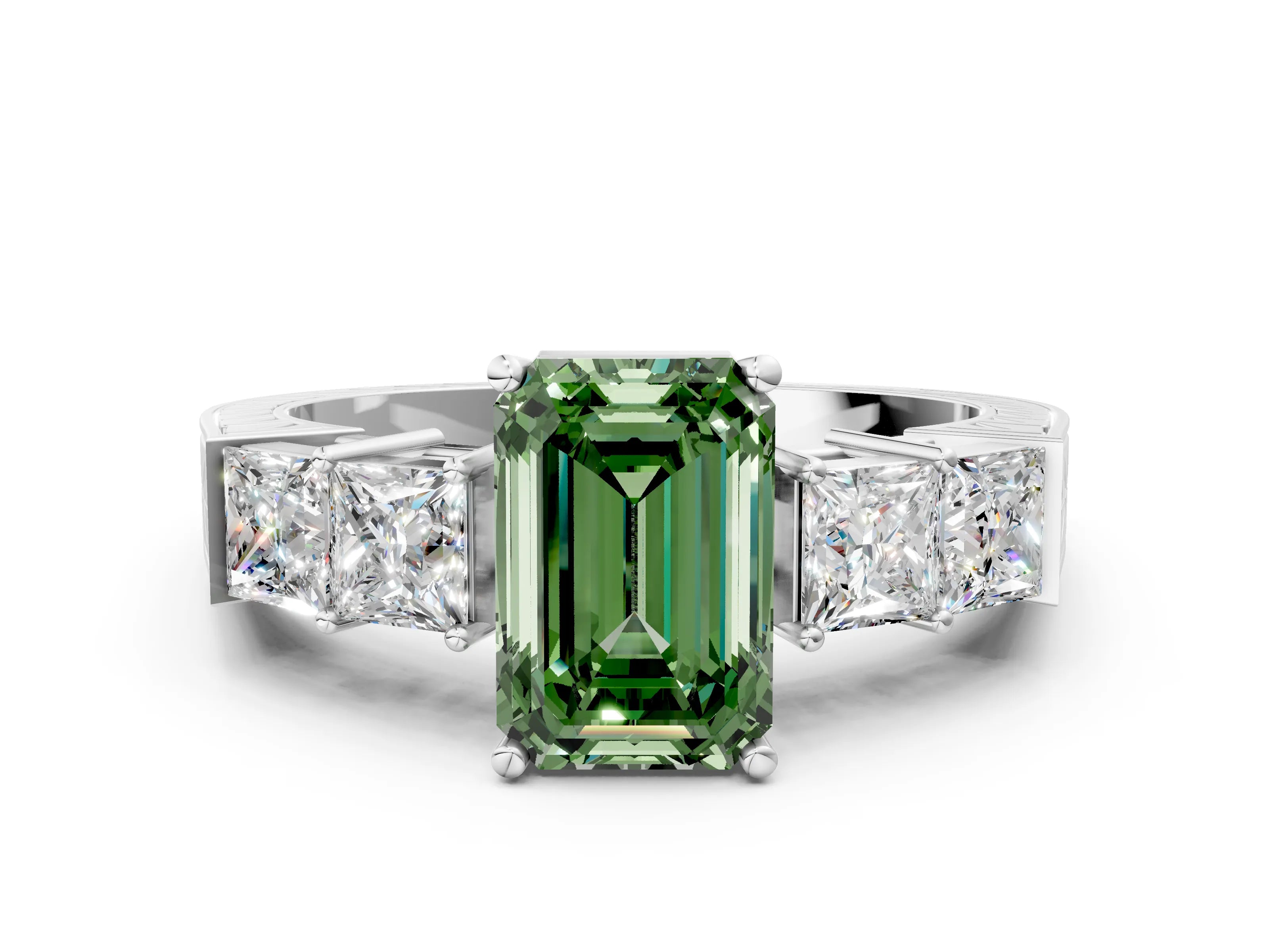 White gold Fancy Green Emerald Cut Solitaire Princess Side Stone Engraved Band Prong Setting Ring