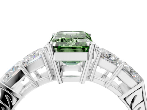 White gold Fancy Green Emerald Cut Solitaire Princess Side Stone Engraved Band Prong Setting Ring_4