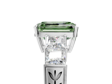 White gold Fancy Green Emerald Cut Solitaire Princess Side Stone Engraved Band Prong Setting Ring_5