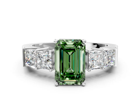 White gold Fancy Green Emerald Cut Solitaire Princess Side Stone Engraved Band Prong Setting Ring