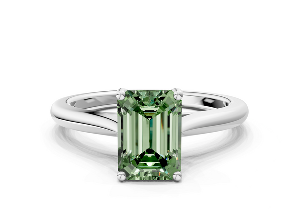White gold Fancy Green Emerald  Cut Solitaire Ring with Cathedral Band and Four-Prong Setting