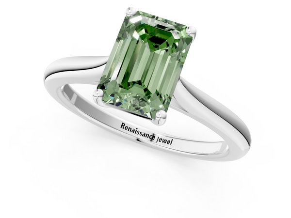 White gold Fancy Green Emerald  Cut Solitaire Ring with Cathedral Band and Four-Prong Setting
