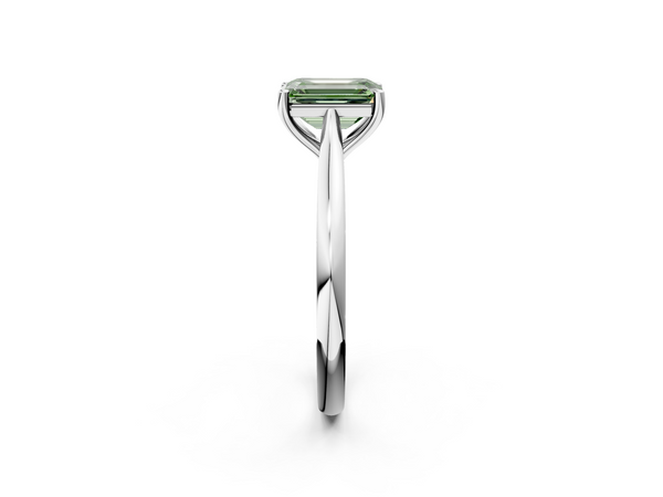White gold Fancy Green Emerald  Cut Solitaire Ring with Cathedral Band and Four-Prong Setting