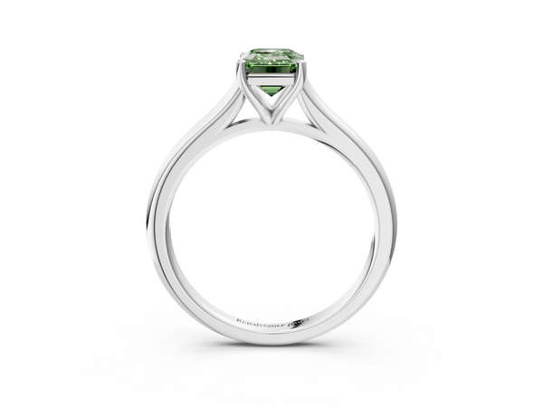 White gold Fancy Green Emerald  Cut Solitaire Ring with Cathedral Band and Four-Prong Setting