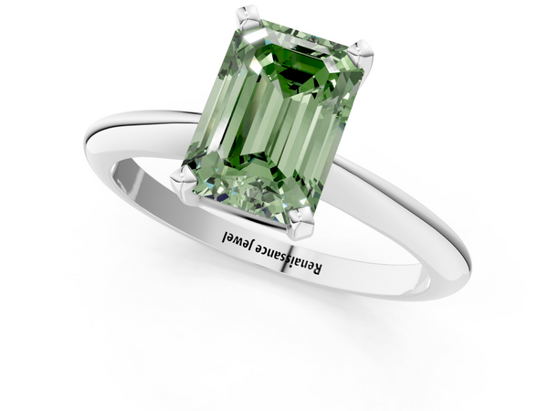 White gold Fancy Green Emerald  Cut Solitaire Ring with Four-Prong Setting on a Classic Band
