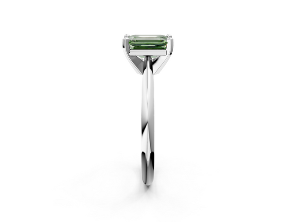 White gold Fancy Green Emerald  Cut Solitaire Ring with Four-Prong Setting on a Classic Band