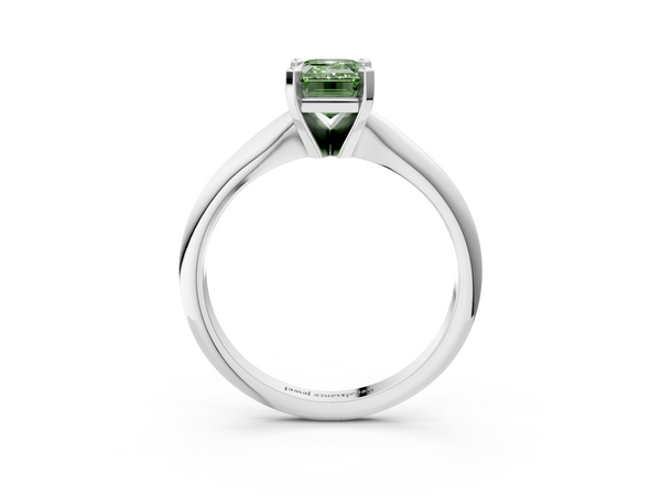 White gold Fancy Green Emerald  Cut Solitaire Ring with Four-Prong Setting on a Classic Band